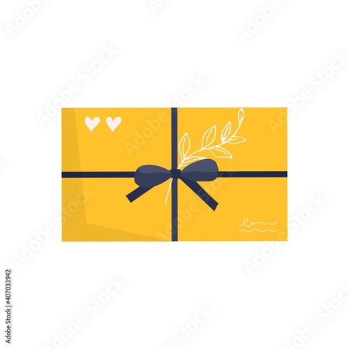 Envelope with stamps isolated on white backgound. Icon for delivery letter, correspondence, postal service. Hand made gift or present with craft paper letter, ribbon, branches.  Flat vector