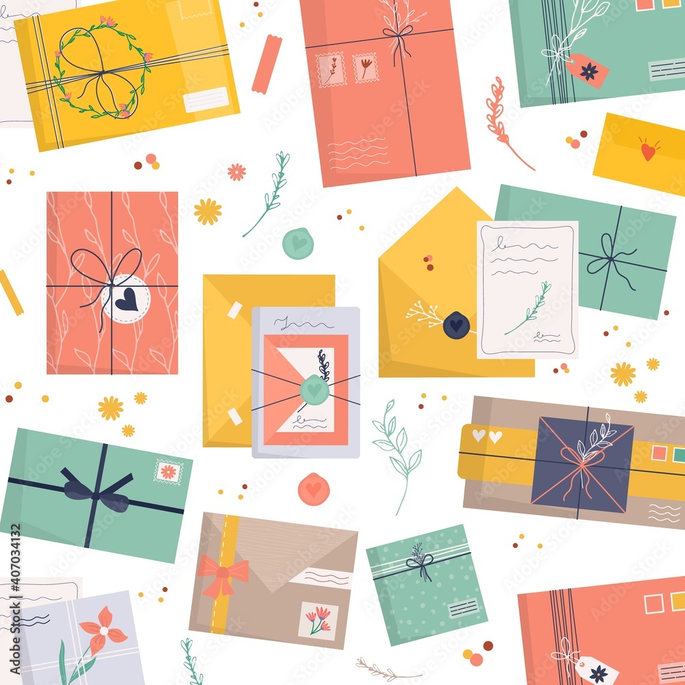 Set of envelopes with stamps. Icon for delivery letter, postal service. Hand made gift or present with craft paper letter, ribbon, branches and decor elements. flat vector pattern Set of envelopes with stamps. Icon for delivery letter, postal service. Hand made gift or present with craft paper letter, ribbon, branches and decor elements. flat vector pattern