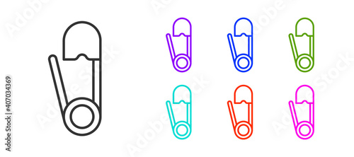 Black line Classic closed steel safety pin icon isolated on white background. Set icons colorful. Vector Illustration.