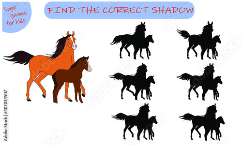 Educational games for children, cartoons for preschool children. Find a suitable shade for the horse and foal. Vector illustration isolated on a white background