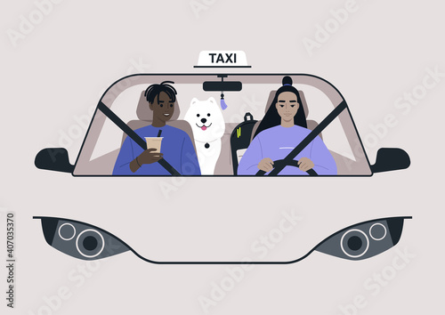 A front view of a taxi cab, a driver and a passenger on a front seat with a dog on a backseat, urban lifestyle