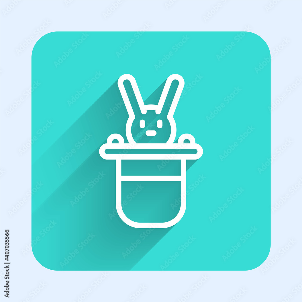 White line Magician hat and rabbit icon isolated with long shadow. Magic trick. Mystery entertainment concept. Green square button. Vector. White line Magician hat and rabbit icon isolated with long shadow. Magic trick. Mystery entertainment concept. Green square button. Vector.