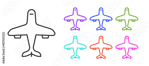 Black line Plane icon isolated on white background. Flying airplane icon. Airliner sign. Set icons colorful. Vector.