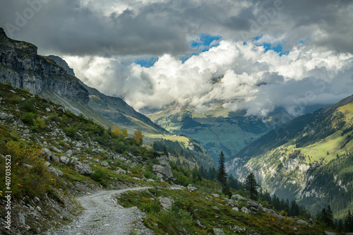 Small stream flowing down the hill in Switzerland