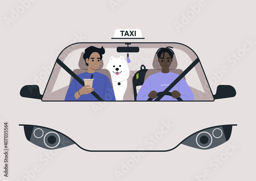 A front view of a taxi cab, a driver and a passenger on a front seat with a dog on a backseat, urban lifestyle
