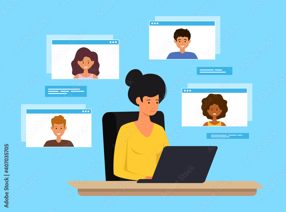 Woman talking via online video conference with friends. Vector illustration concept. Woman talking via online video conference with friends. Vector illustration concept.