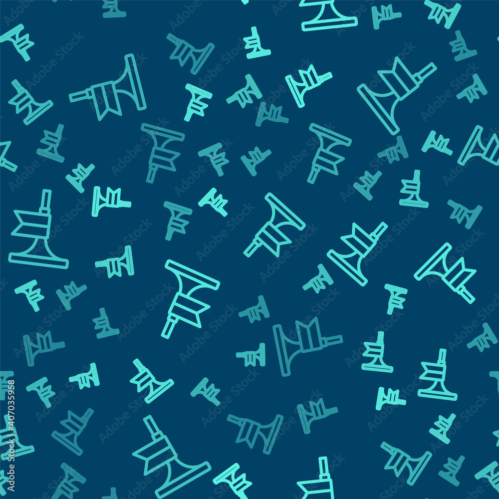 Green line Musical instrument trumpet icon isolated seamless pattern on blue background. Vector.