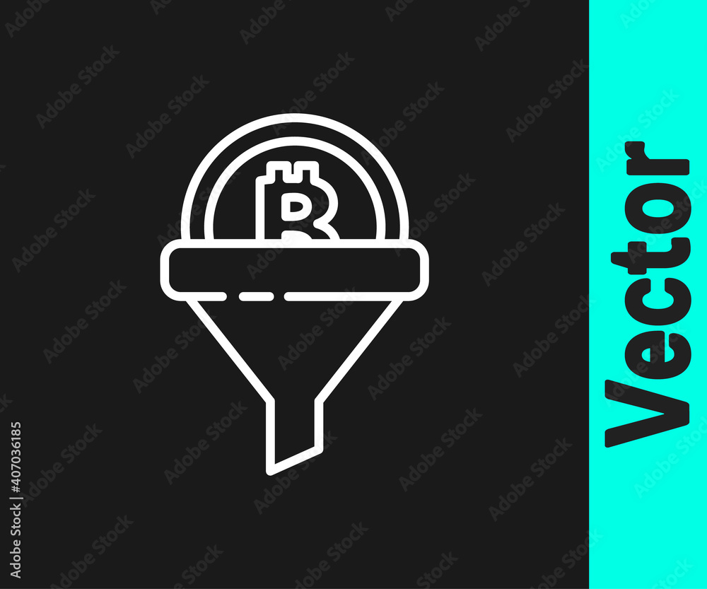 White line Sales funnel with bitcoin icon isolated on black background. Infographic template. Vector. White line Sales funnel with bitcoin icon isolated on black background. Infographic template. Vector.