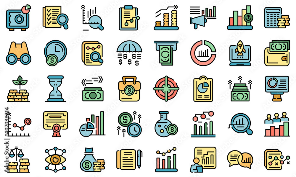 Market forecast icons set. Outline set of market forecast vector icons thin line color flat on white Market forecast icons set. Outline set of market forecast vector icons thin line color flat on white
