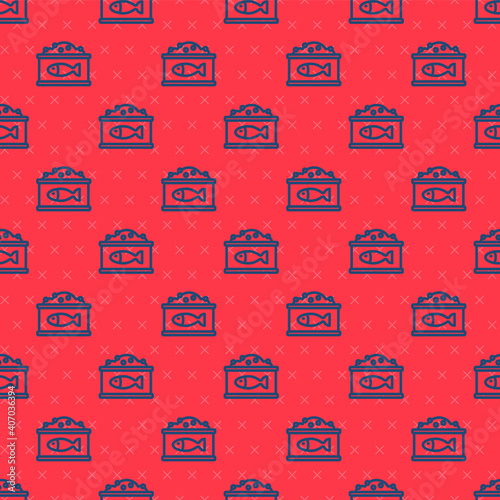 Blue line Tin can with caviar icon isolated seamless pattern on red background. Vector.
