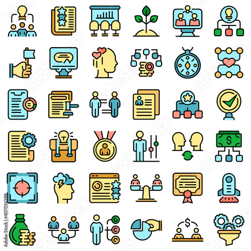 Contribute work icons set. Outline set of contribute work vector icons thin line color flat on white