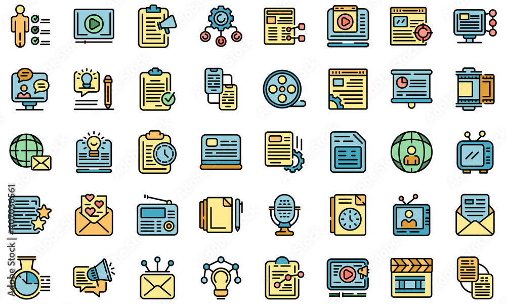 Social project icons set. Outline set of social project vector icons thin line color flat on white Social project icons set. Outline set of social project vector icons thin line color flat on white