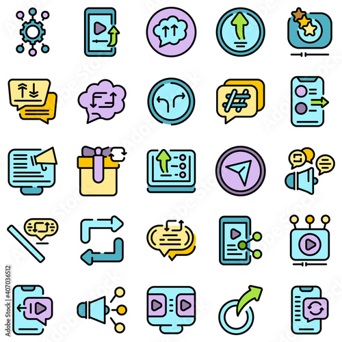 Repost icons set. Outline set of repost vector icons thin line color flat on white