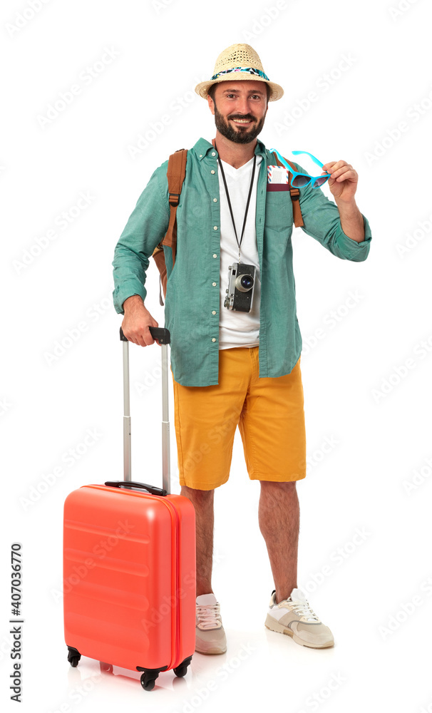 Cheerful traveler on white background Cheerful traveler on white background