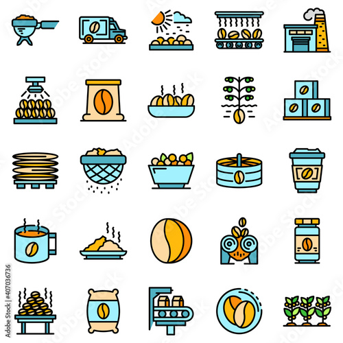 Coffee production icons set. Outline set of coffee production vector icons thin line color flat on white
