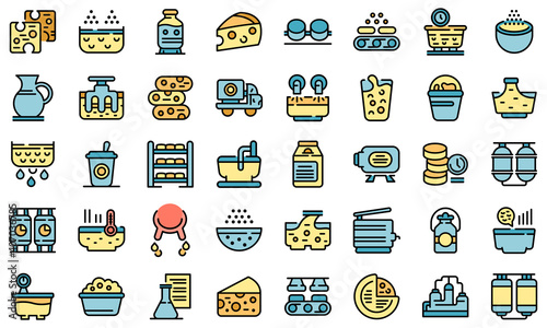Cheese production icons set. Outline set of cheese production vector icons thin line color flat on white