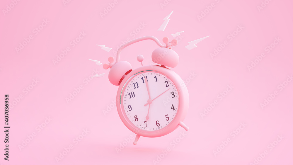 Pink alarm clock was ringing at 7.00 with clipping path and copy space ...