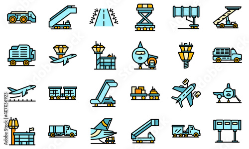 Airport ground support service icons set. Outline set of airport ground support service vector icons thin line color flat on white