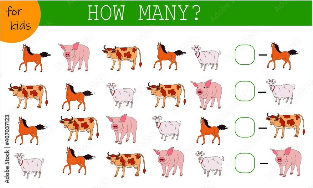 Obraz premium Math game for kids count the animals. How many are there? Horse, cow, pig, sheep. vector. Vector illustration isolated on a white background