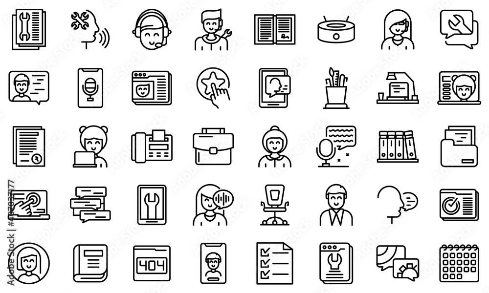 Personal assistant icons set. Outline set of personal assistant vector icons for web design isolated on white background Personal assistant icons set. Outline set of personal assistant vector icons for web design isolated on white background