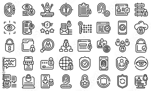 Privacy icons set. Outline set of privacy vector icons for web design isolated on white background