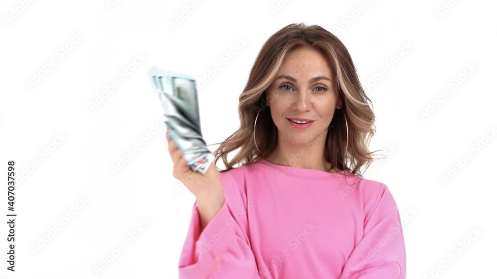 Portrait woman posing with cash dollar money enjoying richness isolated. Shot with RED camera in 4K Portrait woman posing with cash dollar money enjoying richness isolated. Shot with RED camera in 4K