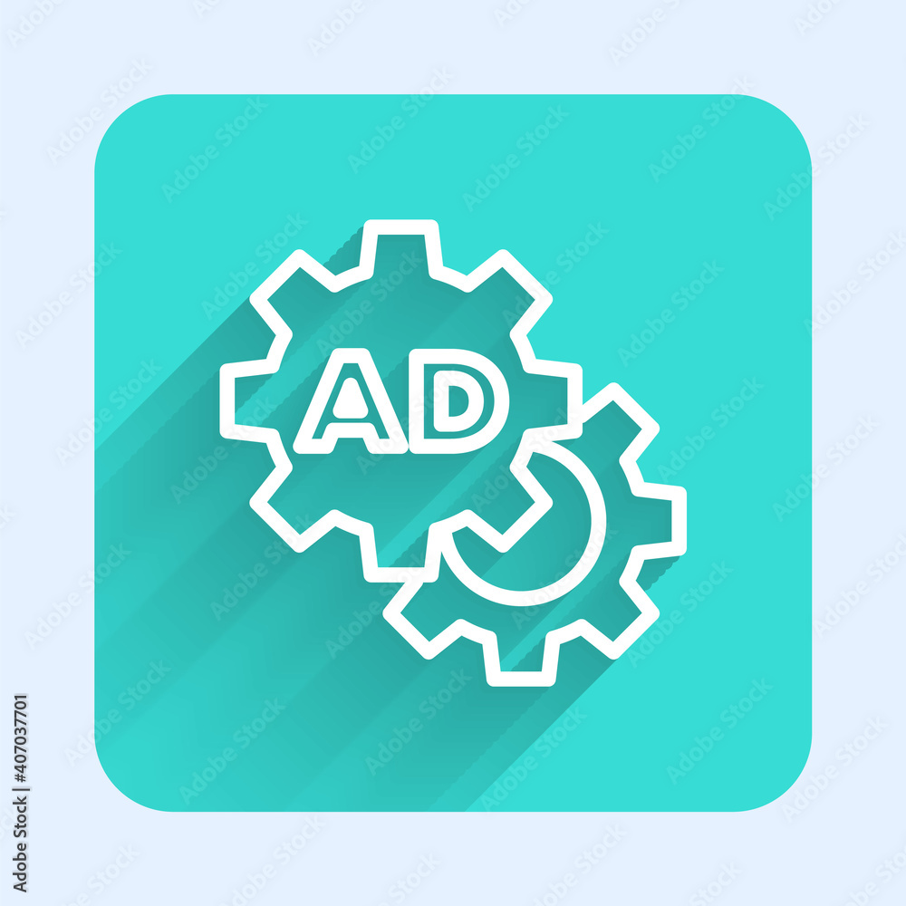 White line Advertising icon isolated with long shadow. Concept of marketing and promotion process. Responsive ads. Social media advertising. Green square button. Vector. White line Advertising icon isolated with long shadow. Concept of marketing and promotion process. Responsive ads. Social media advertising. Green square button. Vector.