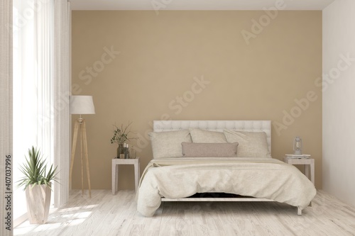 Warm bedroom interior. Scandinavian design. 3D illustration