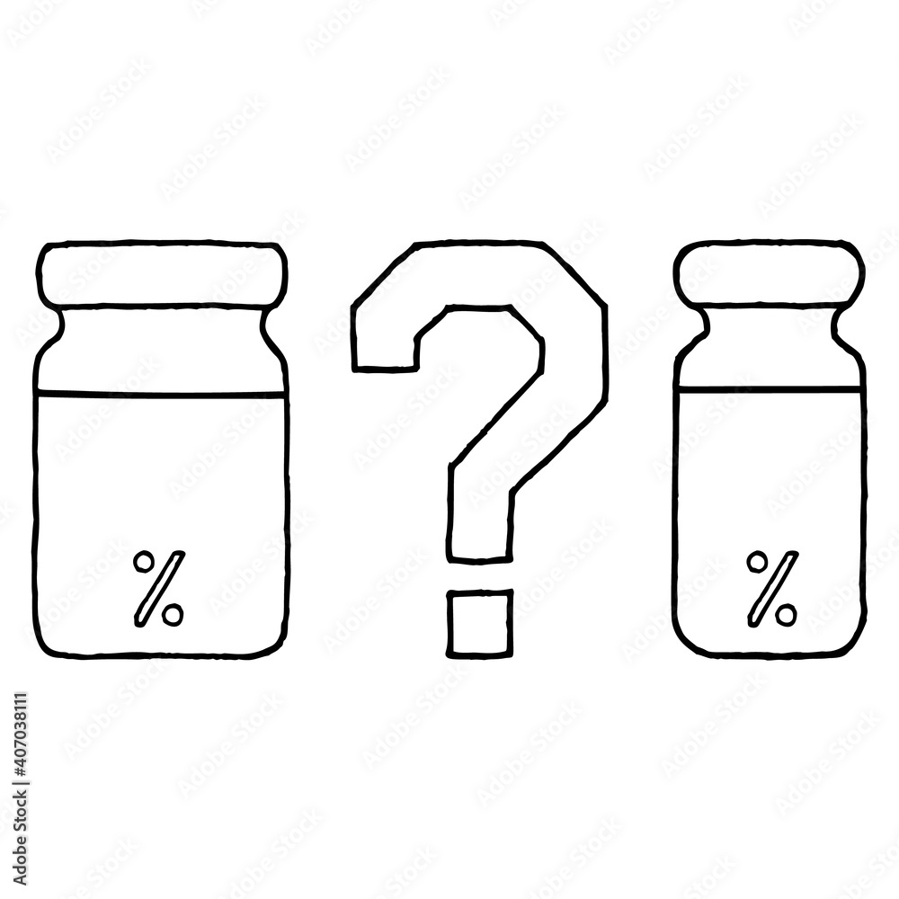Two vials of medicine, vaccine, question mark between vials. Competition, discussion between coronavirus vaccine manufacturers. Hand drawn. Doodle style. Two vials of medicine, vaccine, question mark between vials. Competition, discussion between coronavirus vaccine manufacturers. Hand drawn. Doodle style.