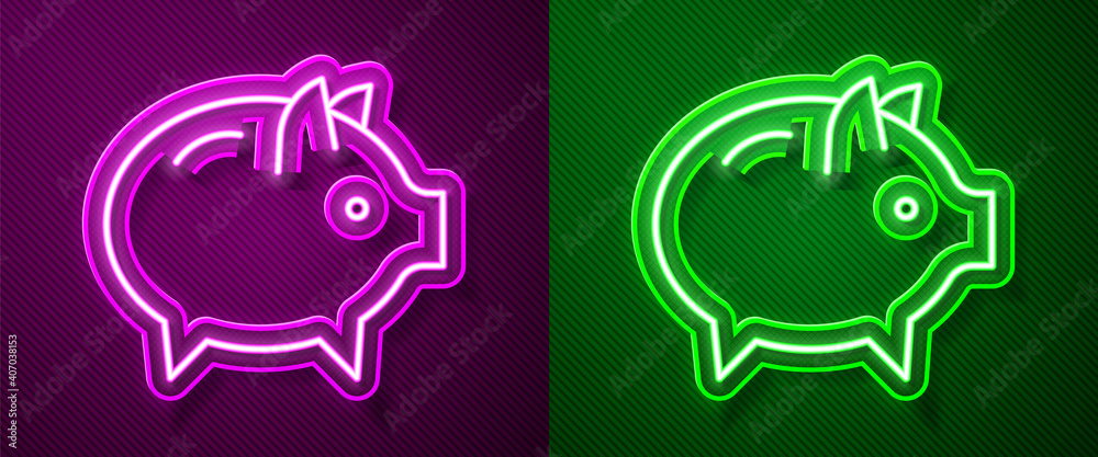 Obraz premium Glowing neon line Piggy bank icon isolated on purple and green background. Icon saving or accumulation of money, investment. Vector.