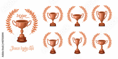 Bronze trophy cups with laurel wreaths. Trophy award cups set with different shapes - 3rd place winner trophies. Cartoon style vector illustration