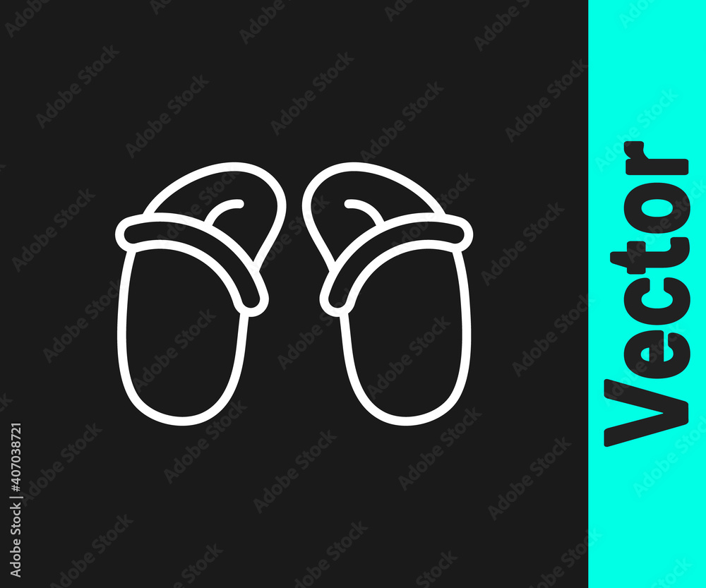 White line Flip flops icon isolated on black background. Beach slippers sign. Vector. White line Flip flops icon isolated on black background. Beach slippers sign. Vector.