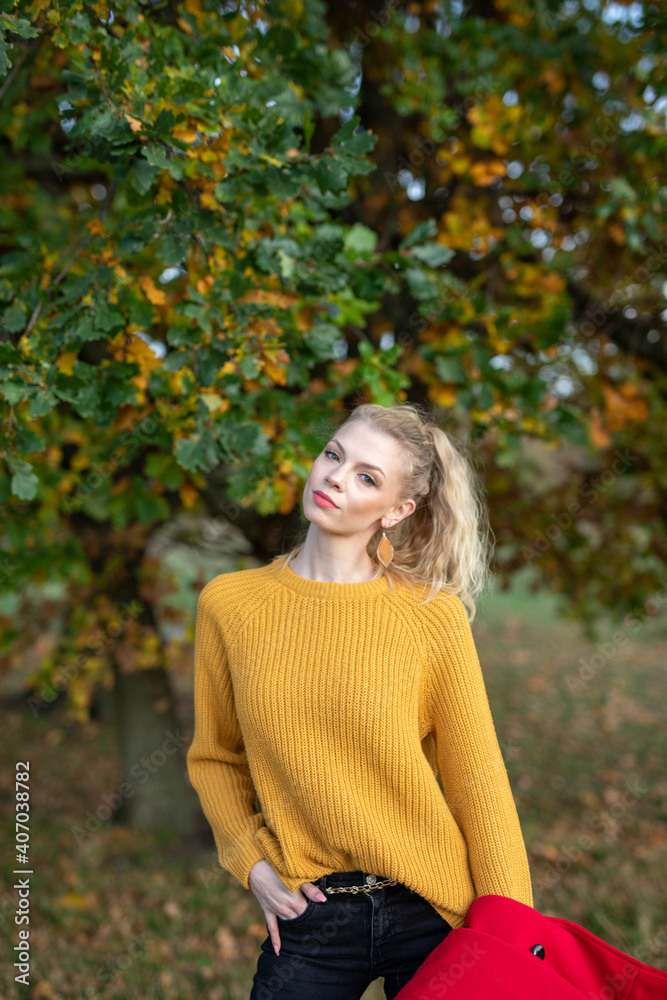 Obraz premium Schöne Frau im Park bei Herbst