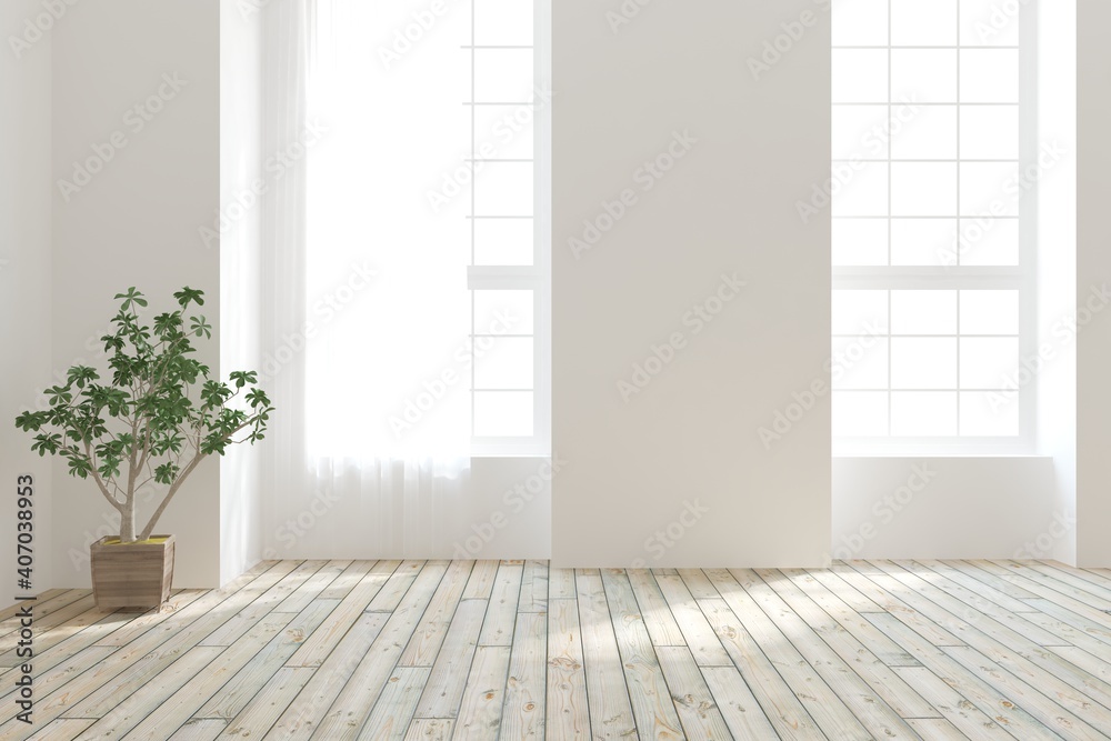 White empty room with green home plant. Scandinavian interior design. 3D illustration White empty room with green home plant. Scandinavian interior design. 3D illustration