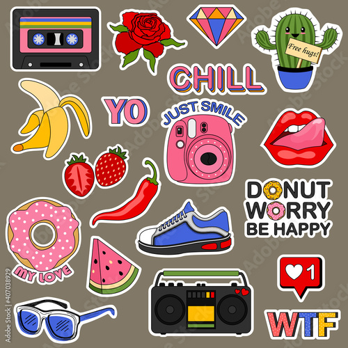 Set of stickers for a teenager. ute cartoons patches food rainbow retro stuff and motivation words doodle icon.