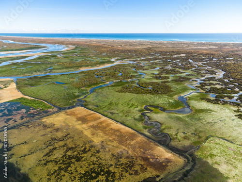 Aerial view of Ria Formosa Natural Park in Olhao, south of Portugal