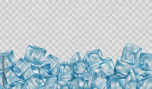 Realistic ice cubes blocks composition with empty space surrounded by bunch. Transparency only in vector format