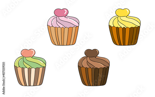Vector multi-colored cupcakes  in doodle style. Homemade cakes  cupcake set. Design for postcards  restaurant menus  recipe books  web banners  birthdays  greeting and invitations.