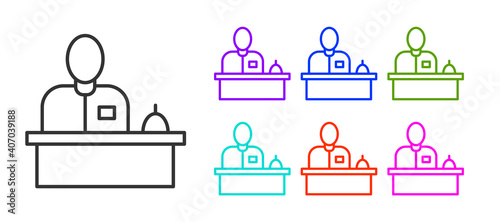 Black line Receptionist standing at hotel reception desk icon isolated on white background. Set icons colorful. Vector.