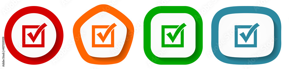 Correct, check box vector icon set, flat design buttons on white background Correct, check box vector icon set, flat design buttons on white background