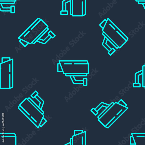 Green line Security camera icon isolated seamless pattern on blue background. Vector.
