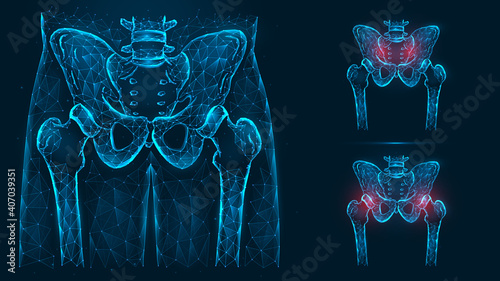 Bones of the pelvis and hip, human anatomy. Pelvic and hip joint pain.. X ray of the hip joint made of lines and dots isolated on blue background.