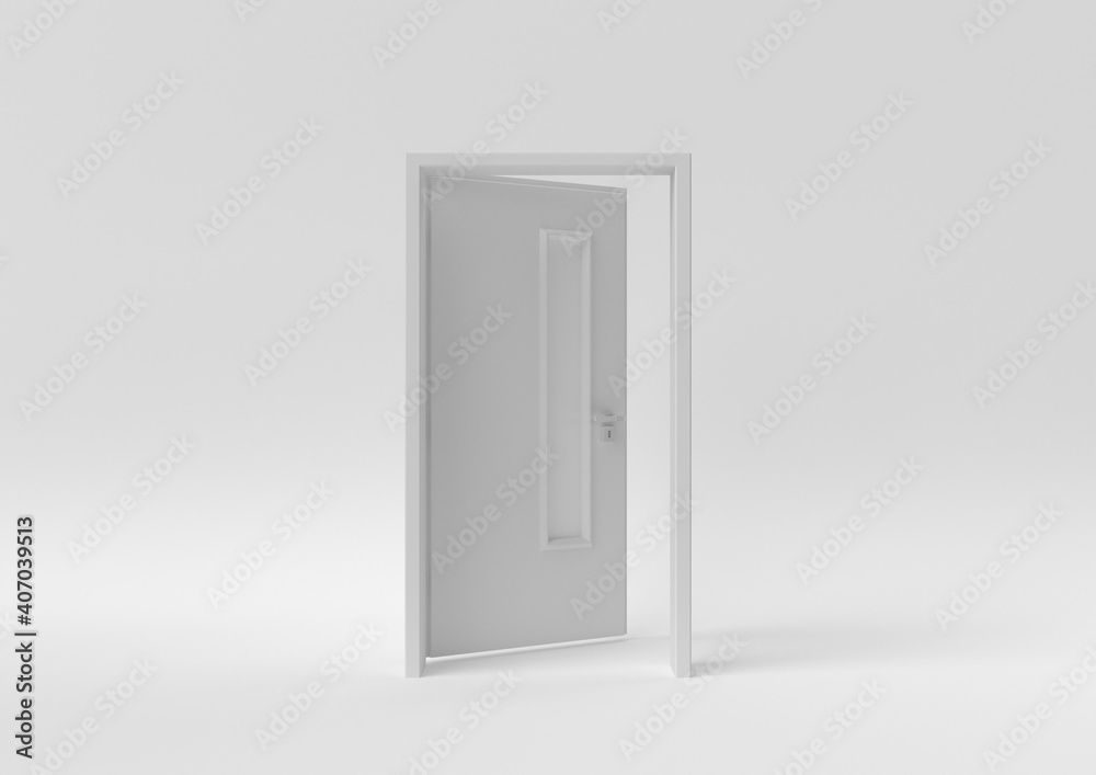 White door Open entrance to creative ideas or new life in white background. minimal concept idea creative. 3D render. White door Open entrance to creative ideas or new life in white background. minimal concept idea creative. 3D render.