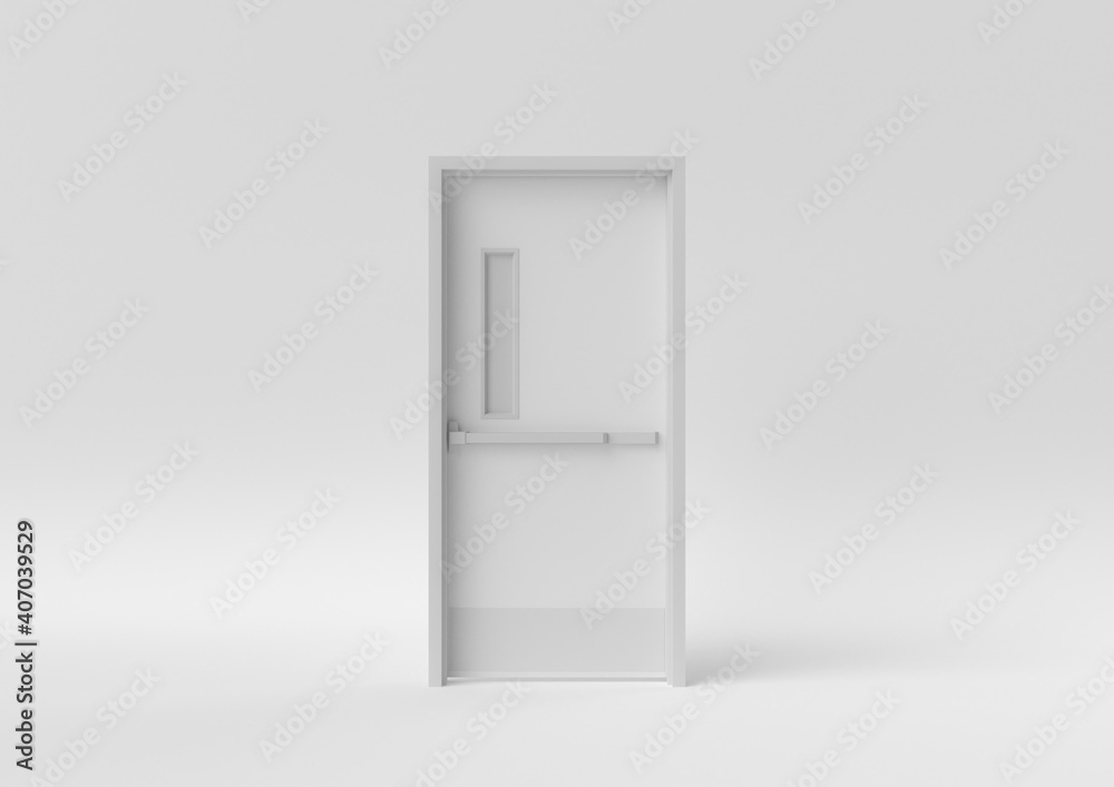 Closed White Door on white background. minimal concept idea creative. monochrome. 3D render. Closed White Door on white background. minimal concept idea creative. monochrome. 3D render.