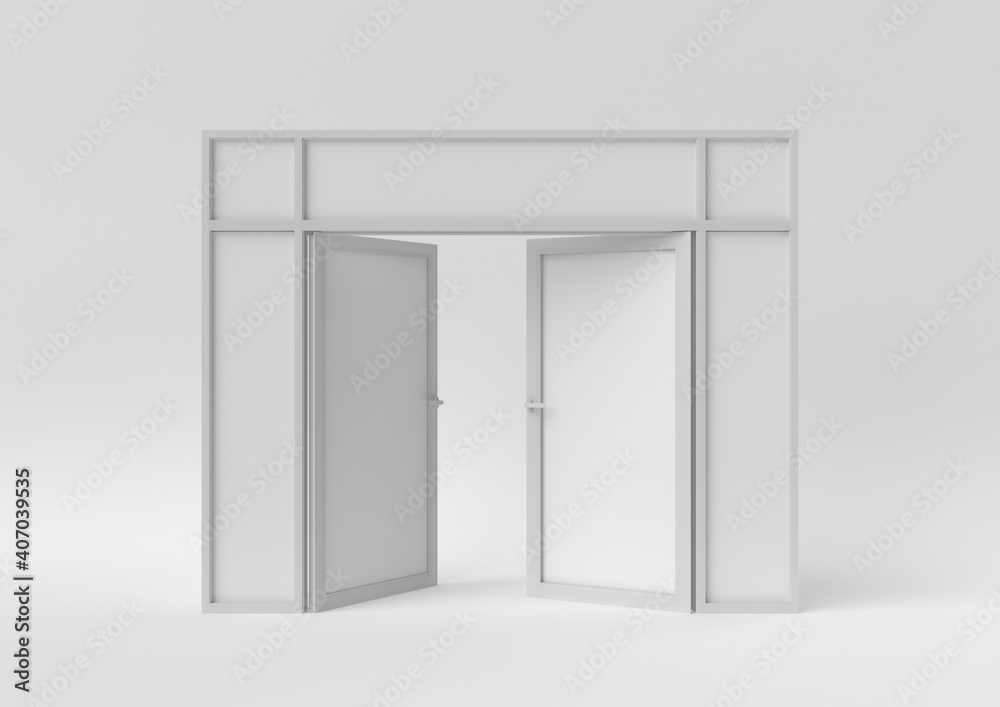 White door Open entrance to creative ideas or new life in white background. minimal concept idea creative. 3D render. White door Open entrance to creative ideas or new life in white background. minimal concept idea creative. 3D render.