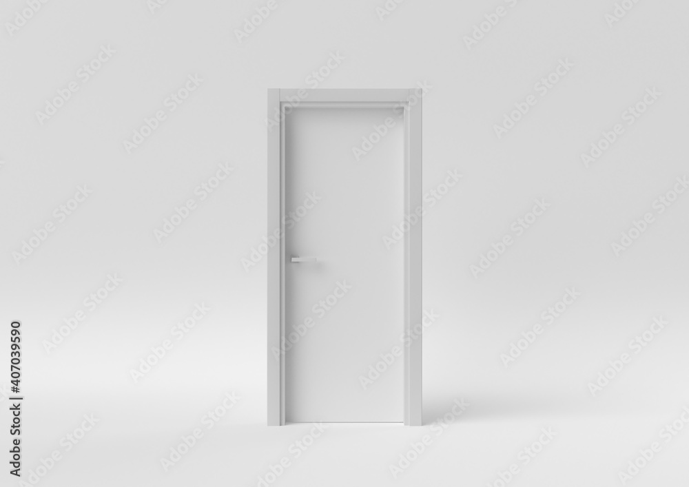 Closed White Door on white background. minimal concept idea creative. monochrome. 3D render. Closed White Door on white background. minimal concept idea creative. monochrome. 3D render.
