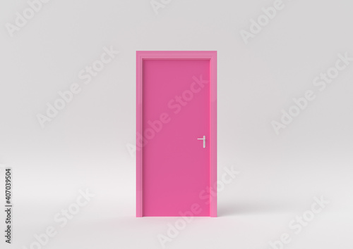 Closed Pink door on white background. minimal concept idea creative. monochrome. 3D render.
