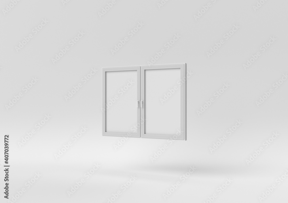 white window floating on white background. minimal concept idea. monochrome. 3D render.