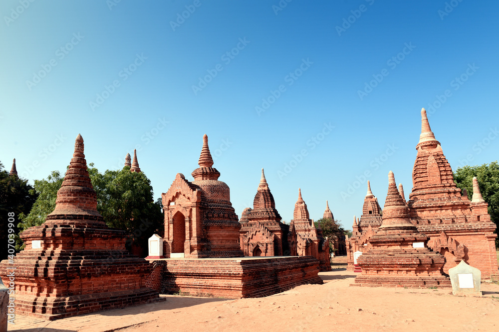 view to the ruins at the valley of Bagan with its ancient buddhist pagodas, Myanmar (Burma)
