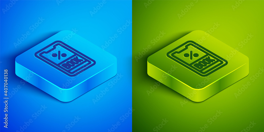 Isometric line Cruise ticket for traveling by ship icon isolated on blue and green background. Travel by Cruise liner. Cruises to Paradise. Square button. Vector. Isometric line Cruise ticket for traveling by ship icon isolated on blue and green background. Travel by Cruise liner. Cruises to Paradise. Square button. Vector.